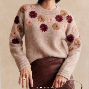 Sezane Beige Floral Embroidered Sweater